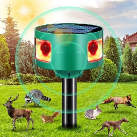 Solar Ultrasonic Animal Repeller Outdoor, 360 Degree Animal Deterrent Cat Repellent Deer Repellent Devices with Motion Sensor