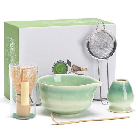 Japanese Matcha Set,Matcha Bowl with Spout,Matcha Whisk and Holder,Bamboo Matcha Scoop and Stainless Steel Sifter,5 Pcs Gradient Green Matcha Kit