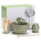 Japanese Matcha Set,Matcha Bowl with Spout,Matcha Whisk and Holder,Bamboo Matcha Scoop and Stainless Steel Sifter,5 Pcs Gradient Green Matcha Kit