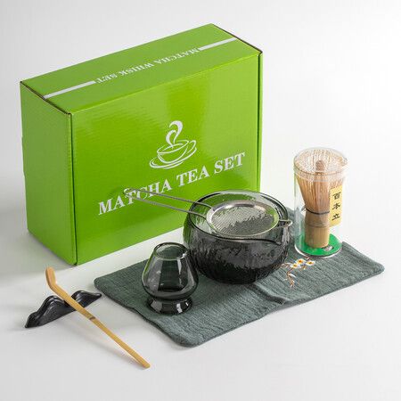 Japanese Tea Set 7pcs Matcha Whisk Set Matcha Bowl with Pouring Spout Bamboo Matcha Whisk Scoop Matcha Whisk Holder Tea Making Kit Black GLASS