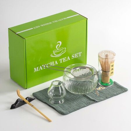 Japanese Tea Set 7pcs Matcha Whisk Set Matcha Bowl with Pouring Spout Bamboo Matcha Whisk Scoop Matcha Whisk Holder Tea Making Kit WHITE GLASS