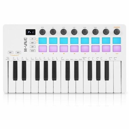 25 Key USB MIDI Keyboard Controller with 16 Backlit Pads,Professional Semi-Weighted Dynamic Bluetooth Keyboard,8 Knobs For Music Production Col White