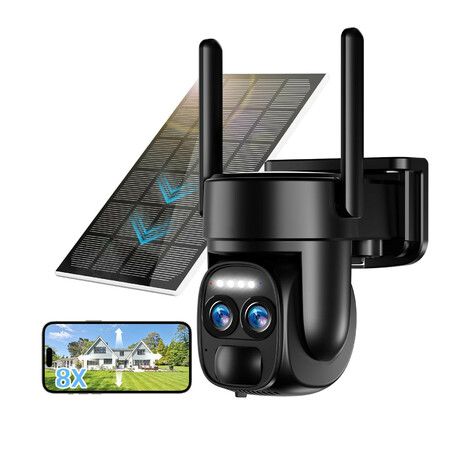 4K Solar Security Cameras Wireless Outdoor,WiFi PTZ Camera Battery Powered 360 Degree View Security Systems with Night Vision,Spotlight Siren,PIR Sensor