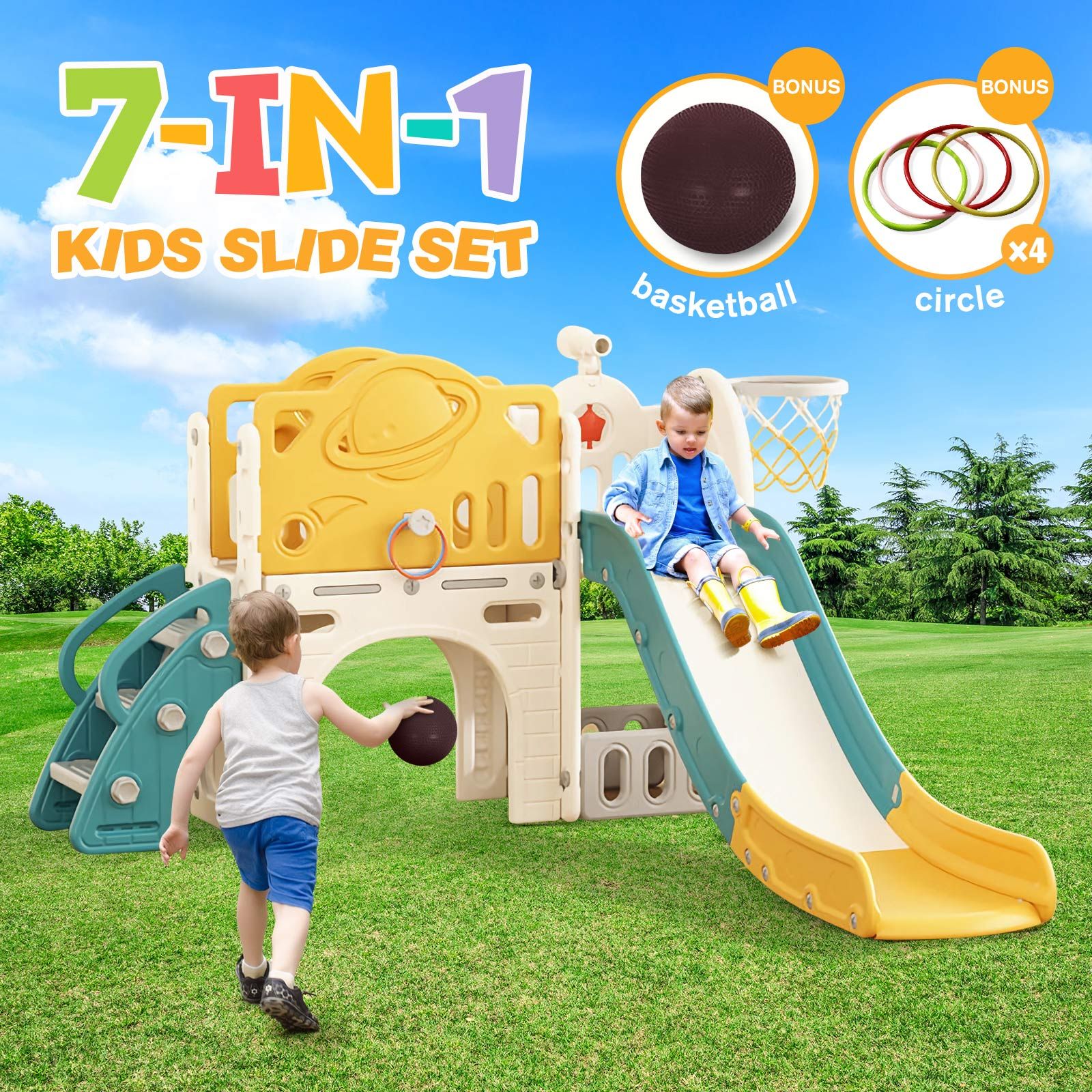 7in1 Kids Slide Set Ladder Steps Basketball Hoop Playground