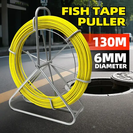 Fish Tape Puller Fibreglass 130mx6mm Wire Cable Running Duct Rodder Electrical Fishtape Pulling Rod NBN Tool Brake Portable Steel Reel Stand Sewer