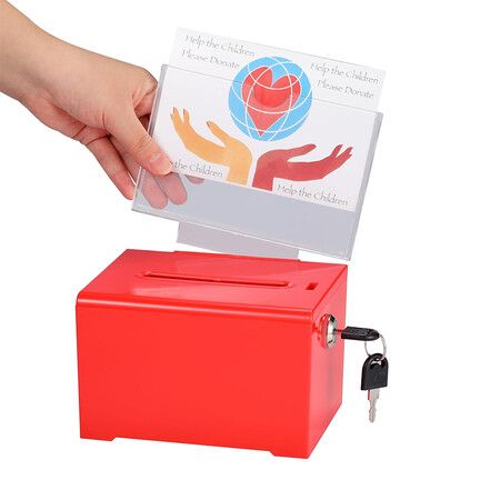 Suggestion Box with Slot and Lock, Acrylic Donation Box for Fundraising, Drawing Box for Raffle, 14 x 12.5 x 18CM voting box, Red