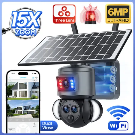 6MP Three Lens Solar Security Camera with 15X ZOOM,Outdoor Wireless Cam with PIR Human Detection,Night Version Red Blue Light Alarm