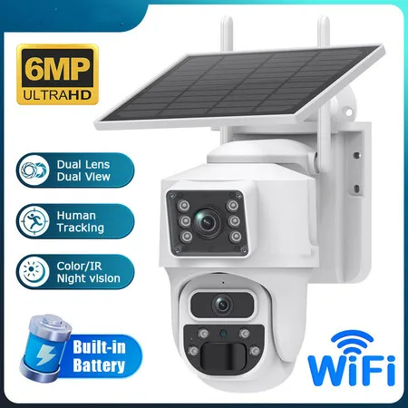 6MP Wireless Solar Camera Dual Lens PTZ Outdoor Security Floodlight Cam with WiFi Night Vision Alarm Linkage Human Tracking,White