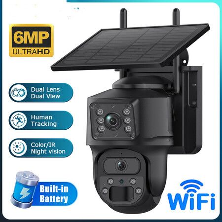 6MP Wireless Solar Camera Dual Lens PTZ Outdoor Security Floodlight Cam with WiFi Night Vision Alarm Linkage Human Tracking,Black