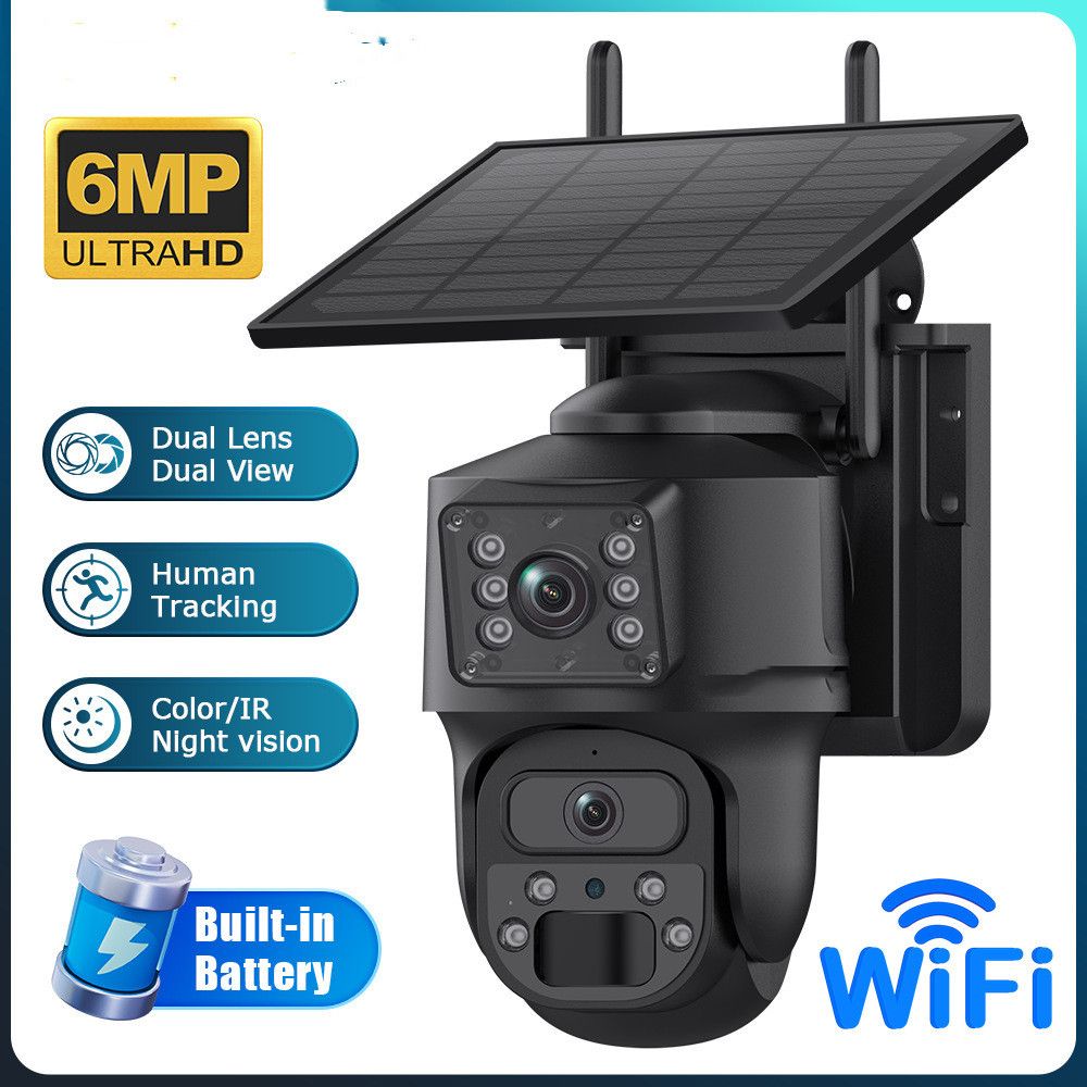 6MP Wireless Solar Camera Dual Lens PTZ Outdoor Security Floodlight Cam with WiFi Night Vision Alarm Linkage Human Tracking,Black