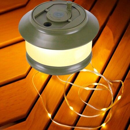 Retractable Camping String Lights Reel 65FT/20M 200LED, Outdoor Portable 3000mAh Stowable Strip Fairy Warm Light for Indoor, Home, RV, Patio, Green