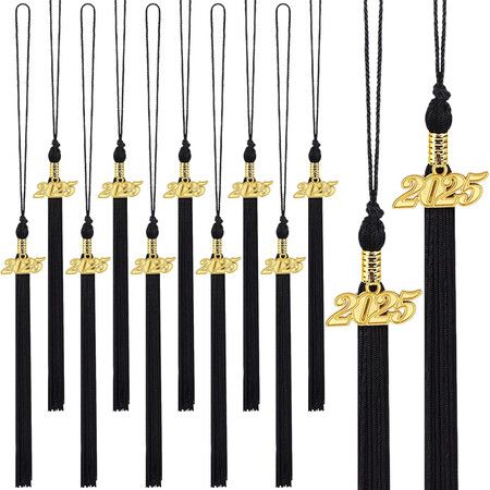 20Pcs Graduation Tassels Academic Graduation Cap Hat Tassel with 2025 Gold Charm for 2025 Graduation Ceremonies Accessories (Black)