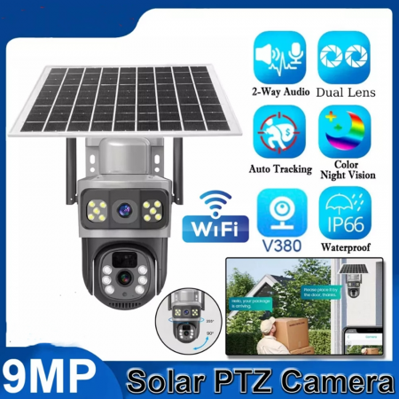 Dual Lens WiFi Solar Security Camera Outdoor Wireless Outdoor 1080P PTZ Dome Survaillance Cam 9MP Night Vision AI Motion Detection