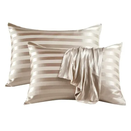 Satin Pillowcase Set of 2 Silk Pillow Cases For Hair and Skin Striped Rectangular Pillowcase 2 Pack with Envelope Closure (51*76cm Khaki)