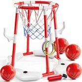 Pool Basketball Hoop,2-in-1 Floating Pool Toys Ring Game with 4 Balls and Pump,Outdoor Swimming Pool Basketball Games Water Play Toy Age 3+ (Red)