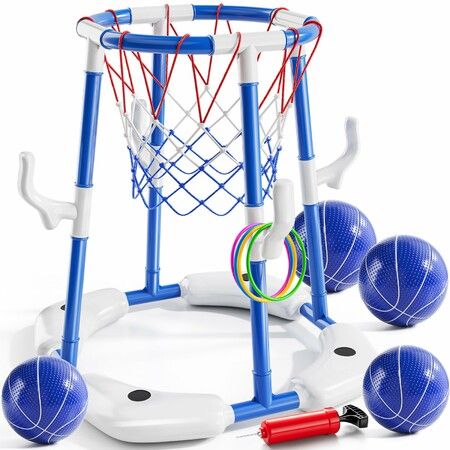 Pool Basketball Hoop,2-in-1 Floating Pool Toys Ring Game with 4 Balls and Pump,Outdoor Swimming Pool Basketball Games Water Play Toy Age 3+ (Blue)