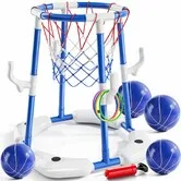 Pool Basketball Hoop,2-in-1 Floating Pool Toys Ring Game with 4 Balls and Pump,Outdoor Swimming Pool Basketball Games Water Play Toy Age 3+ (Blue)