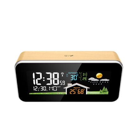 HD Color Screen Solid Wood Weather Clock RF Wireless Forecast Perpetual Calendar