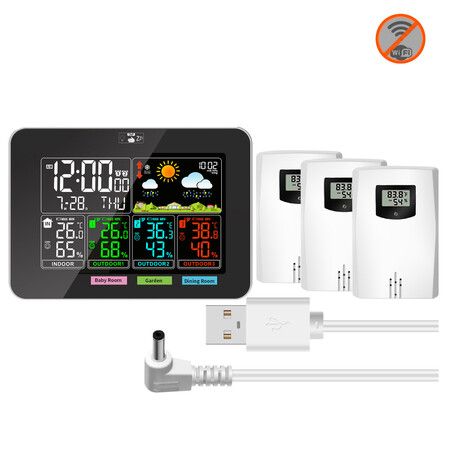 Weather Clock with 3 Remote Sensors Temperature Humidity Alarm Forecast Comfort