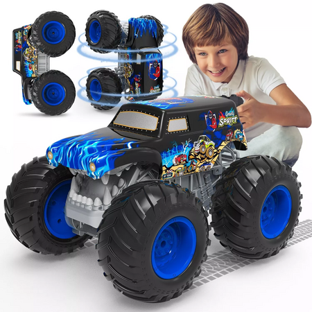 Amphibious RC Monster Truck - 2.4GHz 4WD 360 Degree Rotating All Terrain Waterproof RC Stunt Car Light Spray for Kids 6+ Year Old,Blue