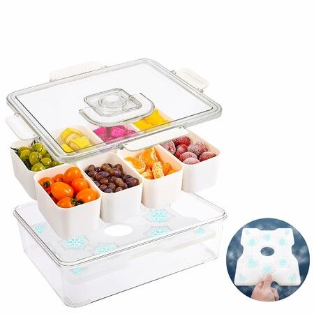 Chilled Serving Tray,Snackle Box Container with Handle,Fruit Platter Tray for Parties,Chilled Condiment Server with Lid,8 Compartment Snack Container