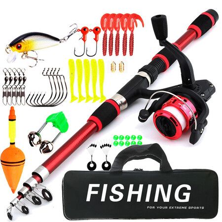 1.8M Telescopic Fishing Rod and Spinning Reel Combo,Kids Fishing Tackle Kit with Lures,Hooks,Line,Carrier Bag For Saltwater and Freshwater Fishing