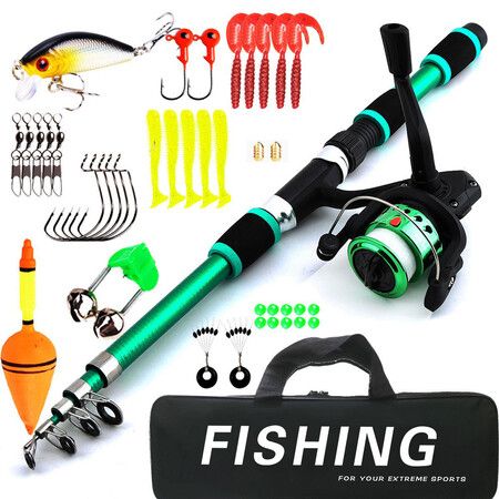 1.8M Telescopic Fishing Rod and Spinning Reel Combo,Kids Fishing Tackle Kit with Lures,Hooks,Line,Carrier Bag For Saltwater and Freshwater Fishing