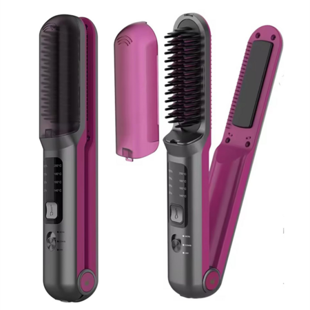 Cordless Hair Straightener,2 in 1 Portable Flat Iron & Straightening Brush,Fast Heating 3 Heat Settings,USB Rechargeable