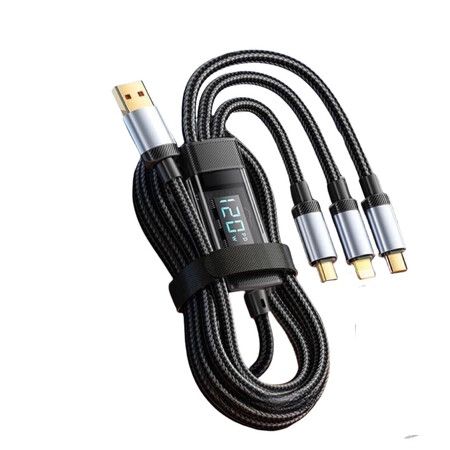 3in1  120W USB C USB Lighting Fast Charging Cable with LED Display 1.2M Charging Cable  6A Reinforced Braided Cable