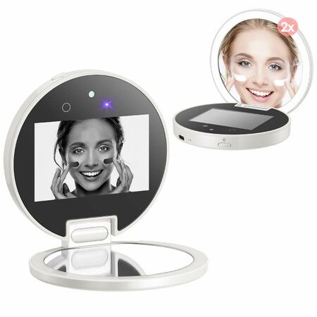 UV Test Makeup Mirror Sunscreen Mirror Sunscreen Camera 3.8 Inch Rechargeable 2X Magnifying Handheld Double Sided Pocket Mirror Skin Protection White