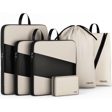 6 Set Compression Packing Cubes for Suitcases, Space Saving Packing Cubes for Travel, Durable Suitcase Organizer Bags, Beige