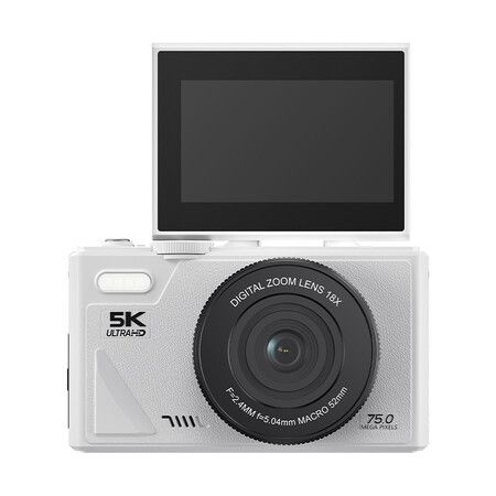 75MP 5K 18X Zoom Digital Camera for Photography and Vlogging Flip Screen 64GB TF Card YouTube Christmas Gift COL White