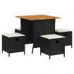 5 Piece Garden Dining Set with Cushions Black Poly Rattan