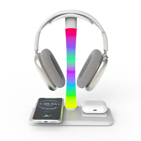 RGB Headset Stand with 15w Wireless Charger,4 in 1 Gaming Headphone Desk Holder with 7 Light Modes and Non-Slip Rubber Base for Phone,AirPods-White