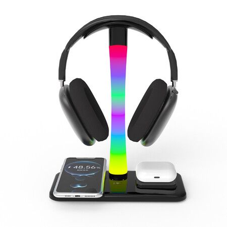 RGB Headset Stand with 15w Wireless Charger,4 in 1 Gaming Headphone Desk Holder with 7 Light Modes and Non-Slip Rubber Base for Phone,AirPods-Black