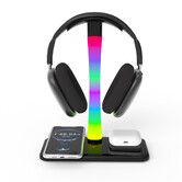 RGB Headset Stand with 15w Wireless Charger,4 in 1 Gaming Headphone Desk Holder with 7 Light Modes and Non-Slip Rubber Base for Phone,AirPods-Black