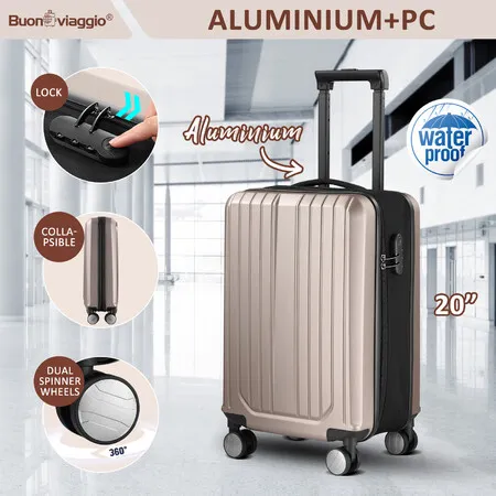 Carry On Suitcase Hard Shell Luggage Cabin Travel Baggage Lightweight Checked Bag 4 Wheel Rolling Trolley Partially collapsible 20 Inch Champagne Gold
