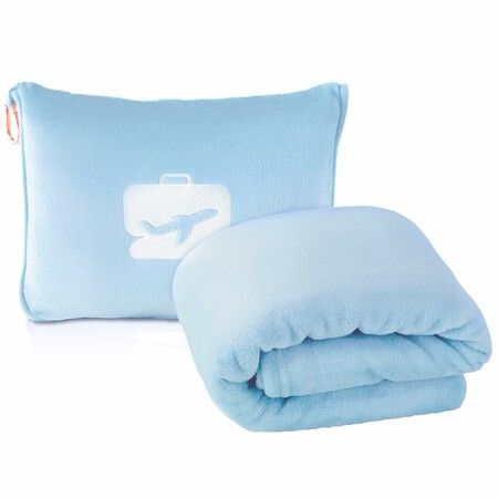 Travel Blanket and Pillow Soft 2 in 1 Airplane Blanket with Soft Storage Bag,Hand Luggage and Backpack Clip Blue