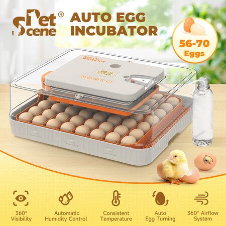 56-70 Eggs Incubator Hatcher Breeder Automatic Egg Hatching Chicken Duck Bird Quail Poultry Auto Turner Stop Humidity Control Water Refill Candling Light