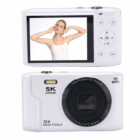 5K Digital Camera with WiFi,Autofocus Point 72MP for Photography with Flash,3 Inch LCD Screen Camcorder for Teens Beginner with 16X Zoom,64GB Card,White