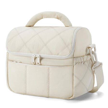 Insulated Lunch Bags for Women, Cute Quilted Lunch Box, Lightweight Puffy Padded Waterproof Lunch Tote for Work Picnic Travel, 23 x 15 x 20 cm, White