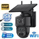 6MP Wireless Solar Zoom Camera Dual Lens PTZ Rotation 15X Zoom Outdoor Security Floodlight Cam with WiFi Night Vision Alarm Linkage Human Tracking,Black