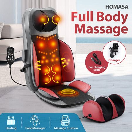 Full Body Massage Cushion Chair Shiatsu Back Neck Massaging Pad Seat Heating Vibration Rolling Kneading with Foot Massager Relax Remote Pillow Homasa