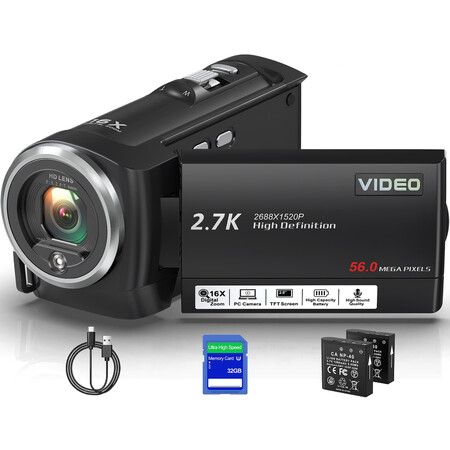 Camcorder Video Camera QHD 2.7K 56MP 16X Digital Zoom Vlogging Camera,2.8 Inch 270 Degree Rotation LCD Screen Camcorder with 32GB SD Card and 2 Batteries