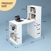 Computer Desk Bookcase 3in1 Study Writing Laptop Table Shelving Office Work Bookshelf Storage Drawers Corner Cabinets USB Power Strip Furniture White