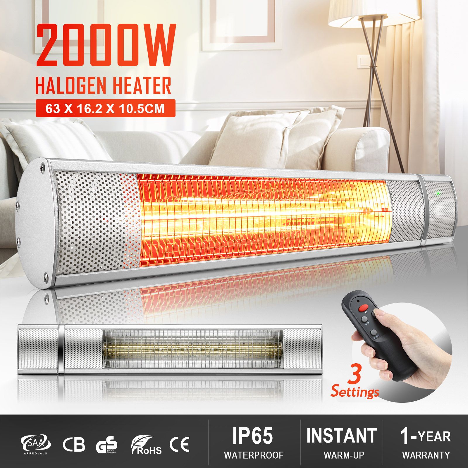 Electric Halogen Heater 2000W Outdoor Indoor Infrared Space Patio