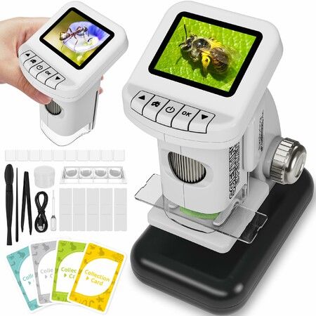 Rechargeable Digital Microscope for Kids 120X-1200X Zoom Handheld Pocket Microscope with 2 Inch LCD Screen Photo Video STEM Educational Science Kit,Grey