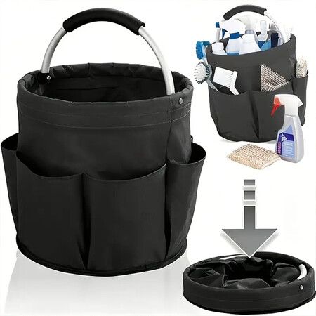 Folding Basket with Handles, Portable Picnic Baskets, Outdoor Beach Baskets, Garden Picking Baskets, Collapsible Bathroom Storage Baskets (Black)