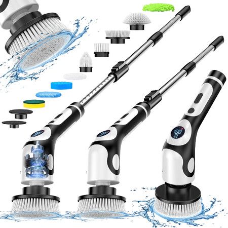 Electric Spin Scrubber,Cordless Shower Scrubber with Power LCD Display Voice Broadcast,9 Replaceable Heads Shower Cleaning Brush for Bathroom Kitchen