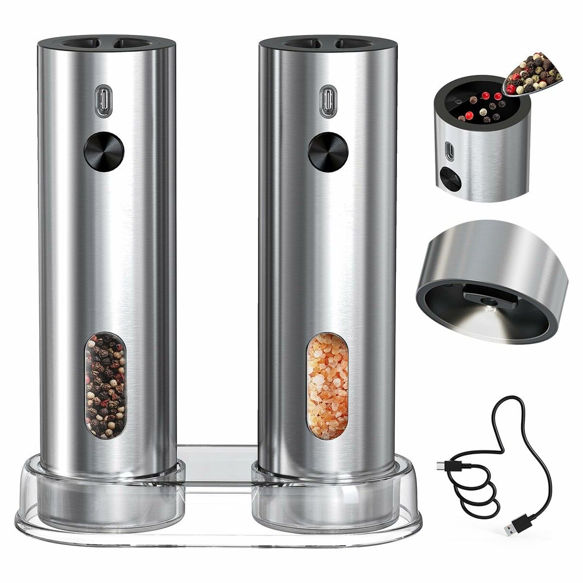 Rechargeable Electric Salt and Pepper Grinder Set with Base,Automatic Stainless Steel Pepper Mill Grinders with 110ml Container Adjustable Coars